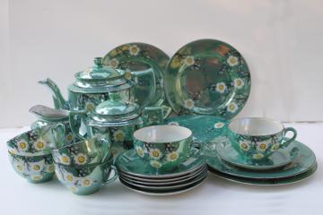 catalog photo of vintage Japan hand painted luster ware china tea set, jade green w/ cherry or plum blossom