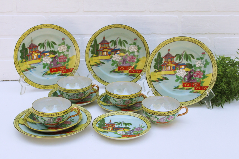 photo of vintage Japan hand painted lusterware china tea set plates, cups & saucers pagoda scene #1