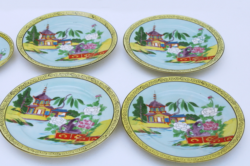 photo of vintage Japan hand painted lusterware china tea set plates, cups & saucers pagoda scene #2
