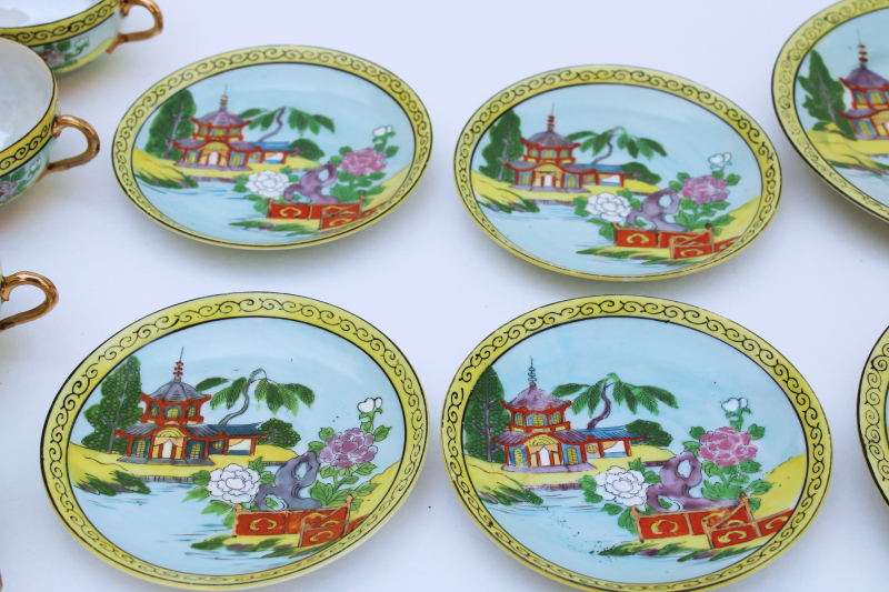 photo of vintage Japan hand painted lusterware china tea set plates, cups & saucers pagoda scene #3