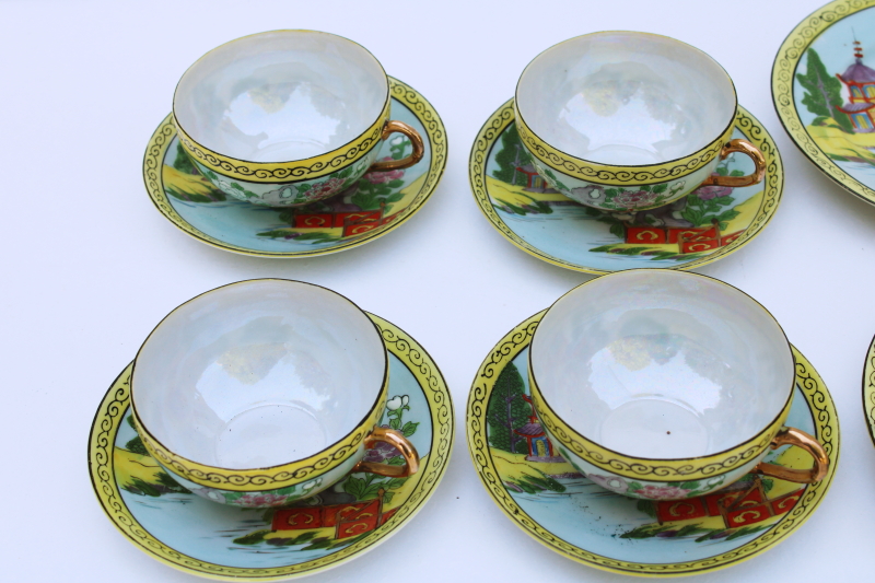 photo of vintage Japan hand painted lusterware china tea set plates, cups & saucers pagoda scene #4