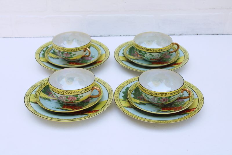 photo of vintage Japan hand painted lusterware china tea set plates, cups & saucers pagoda scene #5