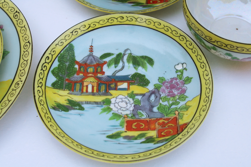 photo of vintage Japan hand painted lusterware china tea set plates, cups & saucers pagoda scene #6