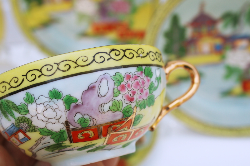 photo of vintage Japan hand painted lusterware china tea set plates, cups & saucers pagoda scene #7