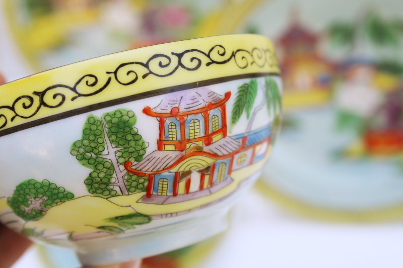 photo of vintage Japan hand painted lusterware china tea set plates, cups & saucers pagoda scene #8