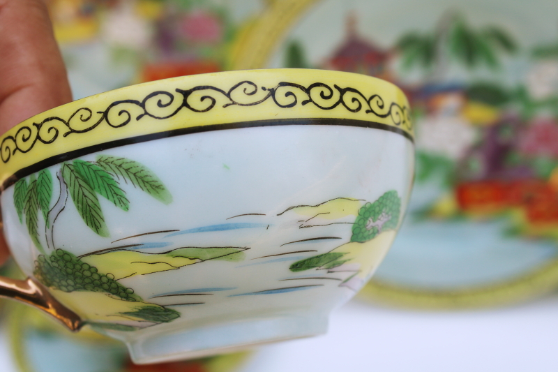 photo of vintage Japan hand painted lusterware china tea set plates, cups & saucers pagoda scene #9