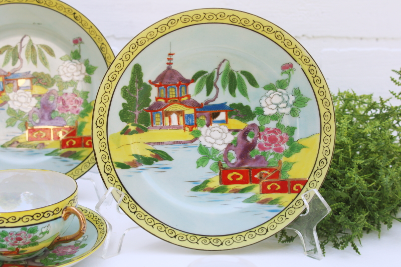 photo of vintage Japan hand painted lusterware china tea set plates, cups & saucers pagoda scene #11