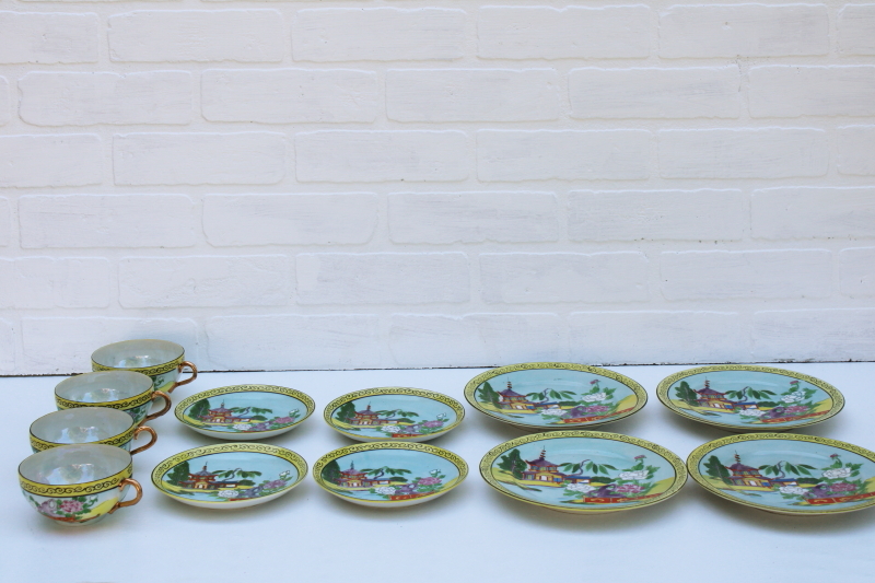 photo of vintage Japan hand painted lusterware china tea set plates, cups & saucers pagoda scene #13