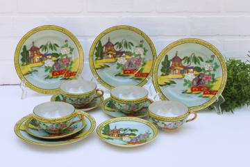 catalog photo of vintage Japan hand painted lusterware china tea set plates, cups & saucers pagoda scene