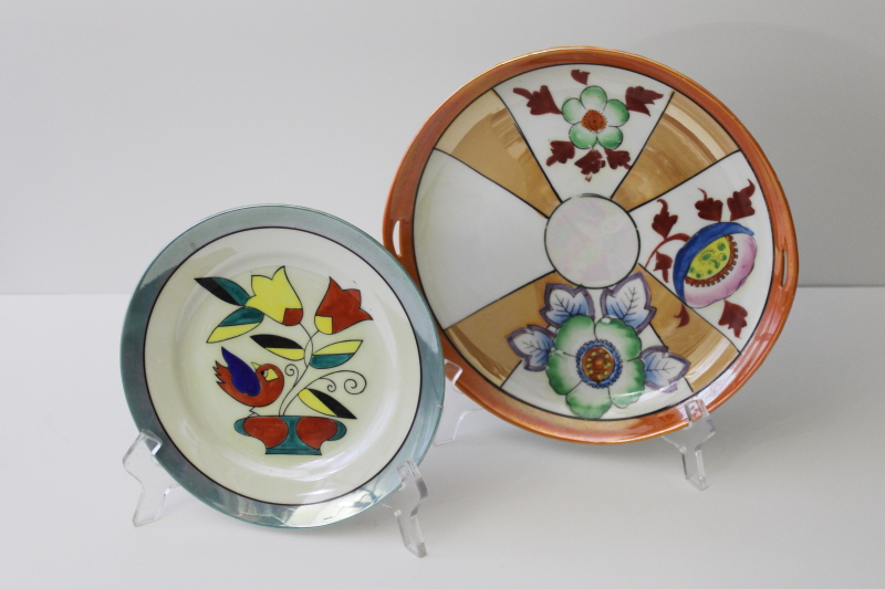 photo of vintage Japan hand painted lusterware porcelain plates, bold bright art deco flowers & bird #1