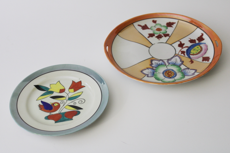 photo of vintage Japan hand painted lusterware porcelain plates, bold bright art deco flowers & bird #2