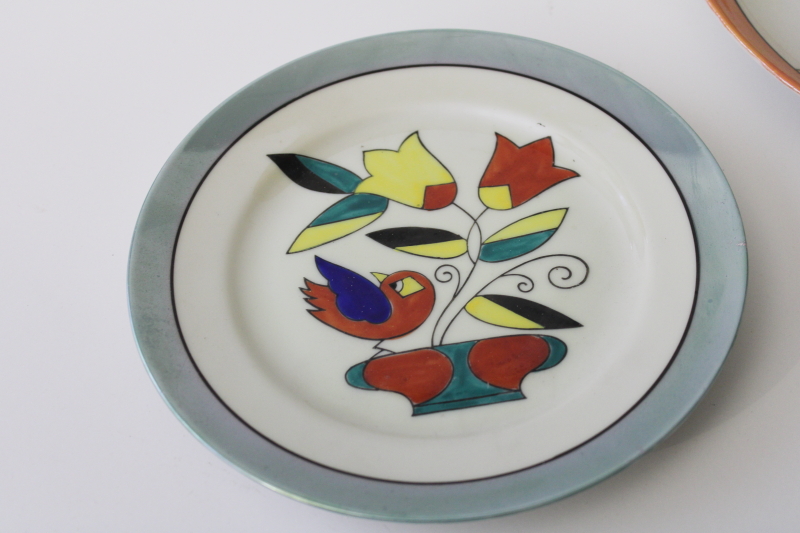 photo of vintage Japan hand painted lusterware porcelain plates, bold bright art deco flowers & bird #3