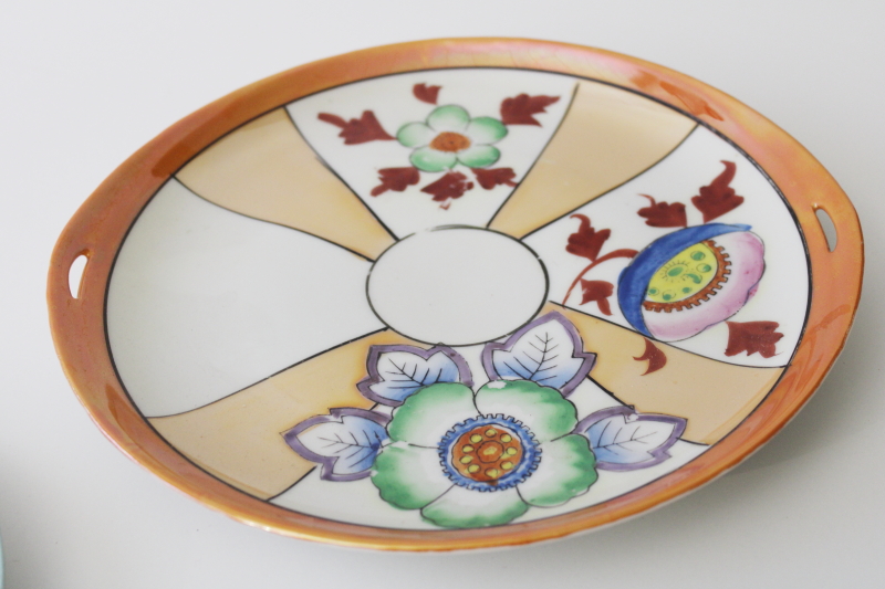 photo of vintage Japan hand painted lusterware porcelain plates, bold bright art deco flowers & bird #4