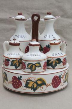 catalog photo of vintage Japan hand painted strawberries cruet set w/ salt & pepper shakers