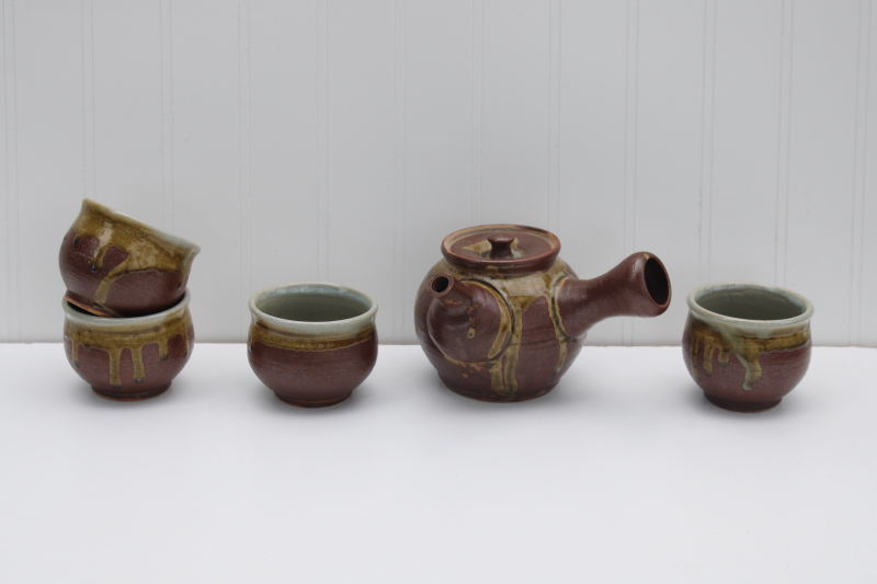 photo of vintage Japan hand thrown pottery tea set, traditional kyusu side handle teapot, bowl tea cups #1