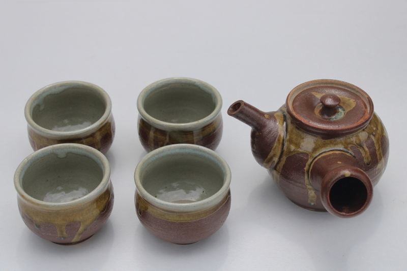 photo of vintage Japan hand thrown pottery tea set, traditional kyusu side handle teapot, bowl tea cups #2