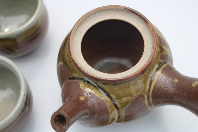 photo of vintage Japan hand thrown pottery tea set, traditional kyusu side handle teapot, bowl tea cups #4