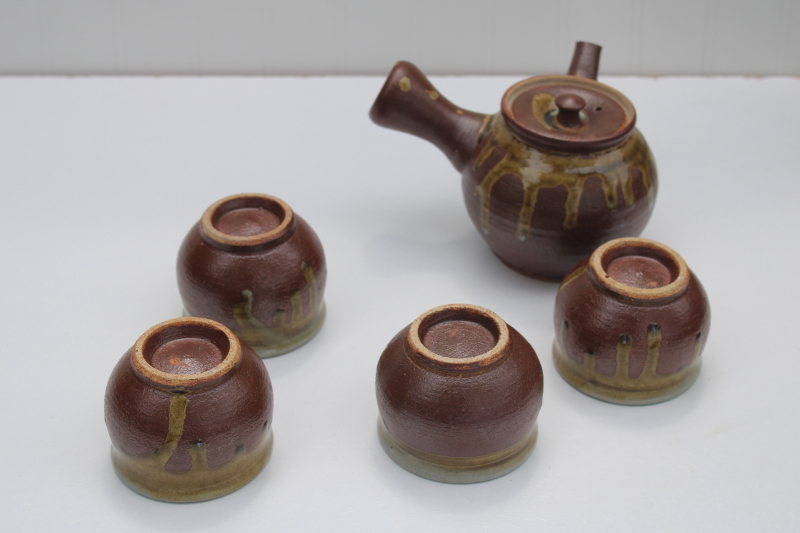 photo of vintage Japan hand thrown pottery tea set, traditional kyusu side handle teapot, bowl tea cups #5