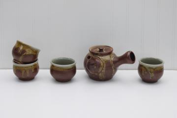 catalog photo of vintage Japan hand thrown pottery tea set, traditional kyusu side handle teapot, bowl tea cups