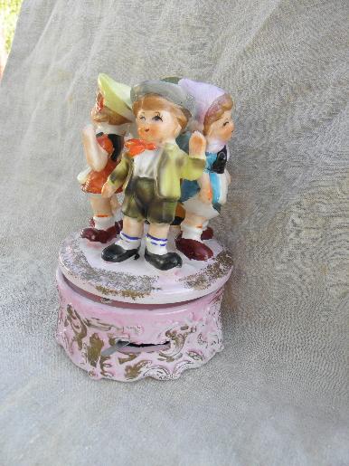 photo of vintage Japan hand-painted china music box, children in folk costumes #1