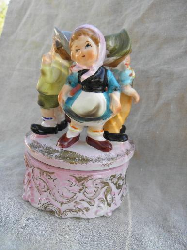 photo of vintage Japan hand-painted china music box, children in folk costumes #2