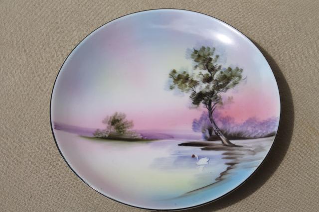 photo of vintage Japan hand-painted china plates, tree on lake scenes & seasons  #3