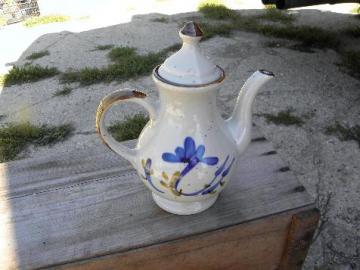catalog photo of vintage Japan hand-painted coffee pot, cobalt blue on natural stoneware