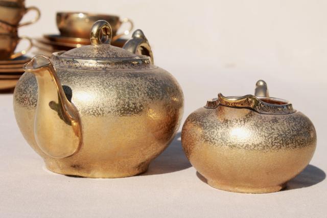 photo of vintage Japan hand-painted encrusted gold porcelain tea set, pot, cups & saucers, plates #3