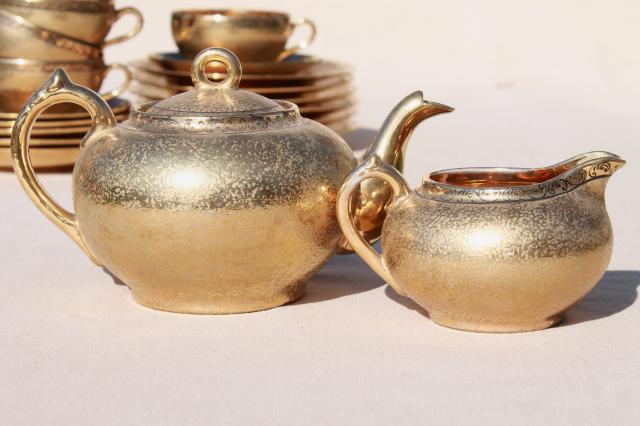 photo of vintage Japan hand-painted encrusted gold porcelain tea set, pot, cups & saucers, plates #4