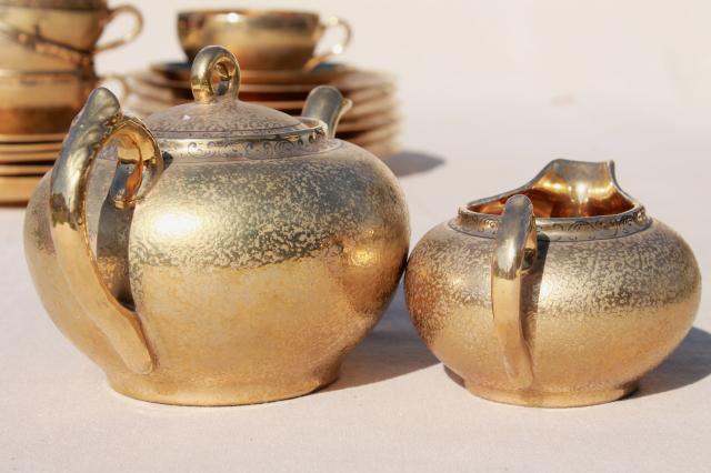 photo of vintage Japan hand-painted encrusted gold porcelain tea set, pot, cups & saucers, plates #5
