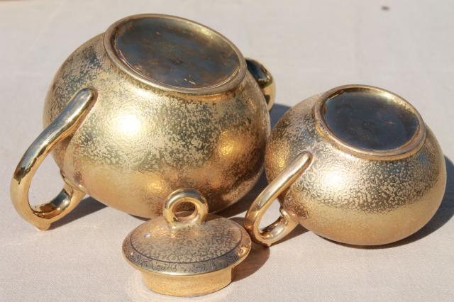 photo of vintage Japan hand-painted encrusted gold porcelain tea set, pot, cups & saucers, plates #6
