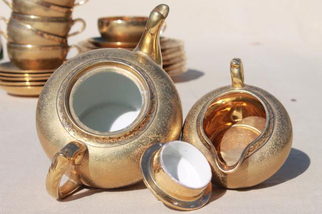 photo of vintage Japan hand-painted encrusted gold porcelain tea set, pot, cups & saucers, plates #7