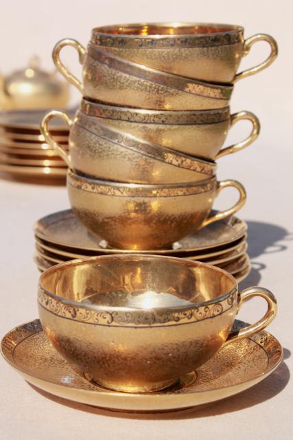 photo of vintage Japan hand-painted encrusted gold porcelain tea set, pot, cups & saucers, plates #12