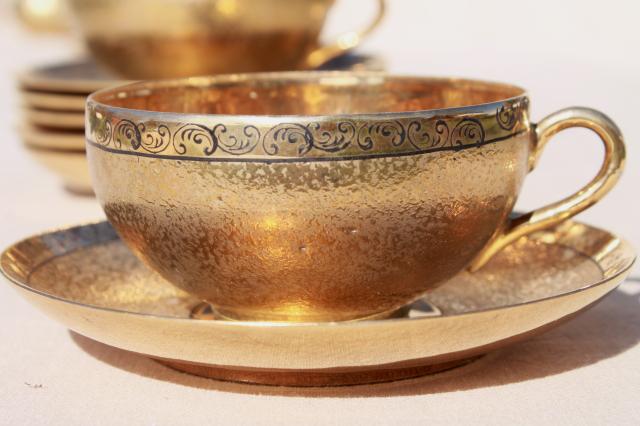 photo of vintage Japan hand-painted encrusted gold porcelain tea set, pot, cups & saucers, plates #13