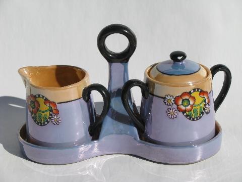 photo of vintage Japan hand-painted luster china cream pitcher & sugar bowl w/ tray #1