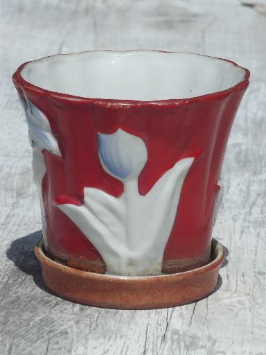 photo of vintage Japan hand-painted tulip & bluebird china flower pot planter #2