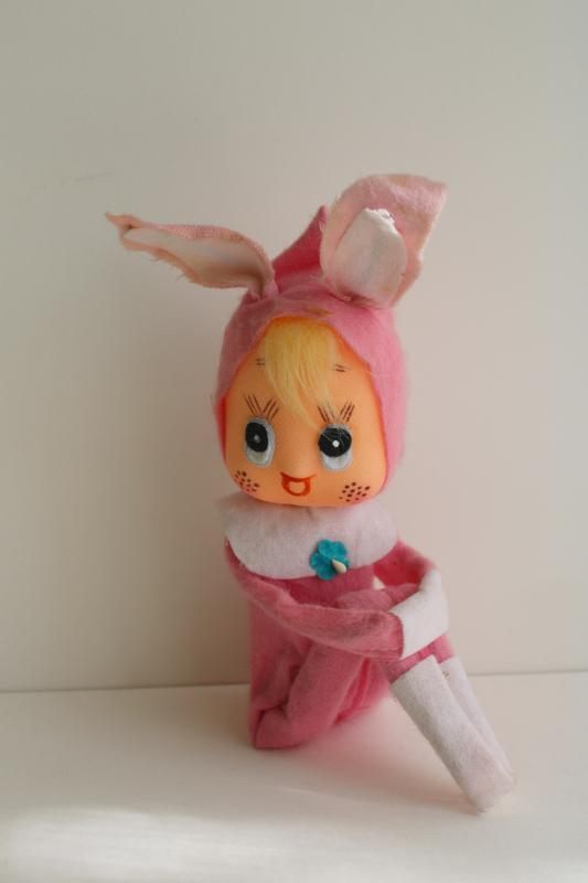 photo of vintage Japan knee hugger pixie girl, pink Easter bunny holiday elf ornament #1