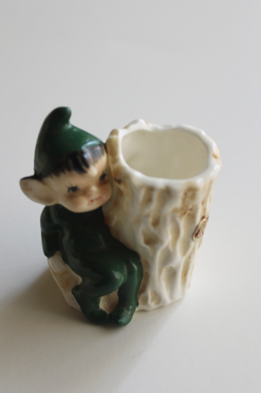 photo of vintage Japan label bone china miniature green pixie elf match holder tree stump  #1