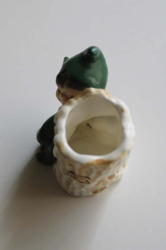 photo of vintage Japan label bone china miniature green pixie elf match holder tree stump  #2