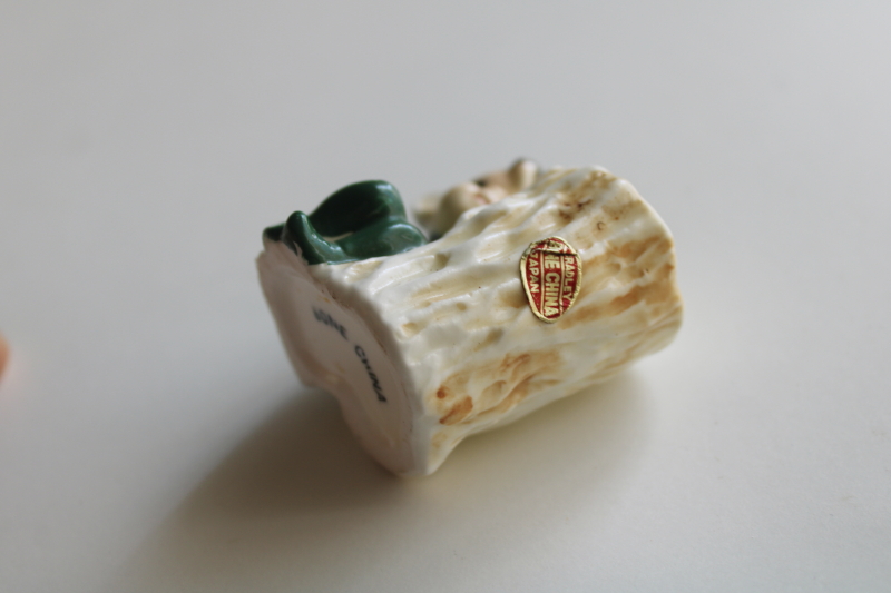 photo of vintage Japan label bone china miniature green pixie elf match holder tree stump  #3