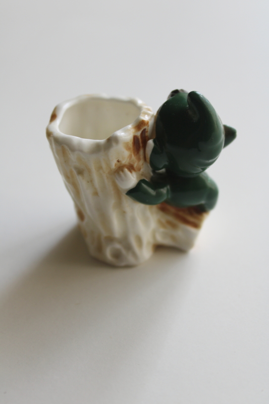 photo of vintage Japan label bone china miniature green pixie elf match holder tree stump  #4