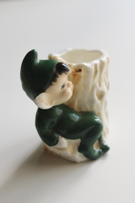 photo of vintage Japan label bone china miniature green pixie elf match holder tree stump  #5