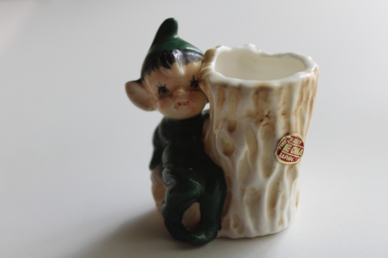 photo of vintage Japan label bone china miniature green pixie elf match holder tree stump  #6