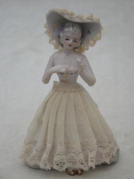 catalog photo of vintage Japan lady figurine, hand-painted china doll trimmed in lace