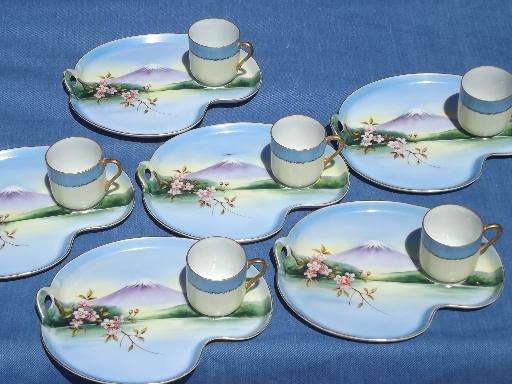 photo of vintage Japan lithophane porcelain snack sets, Mt Fuji tea cups and plates #1
