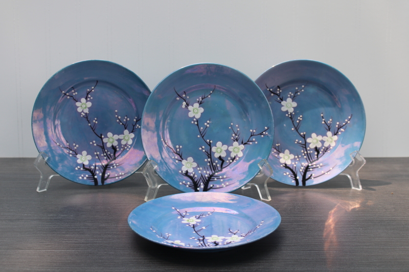 photo of vintage Japan lusterware porcelain plates, hand painted cherry blossom flowering branch blue luster #1