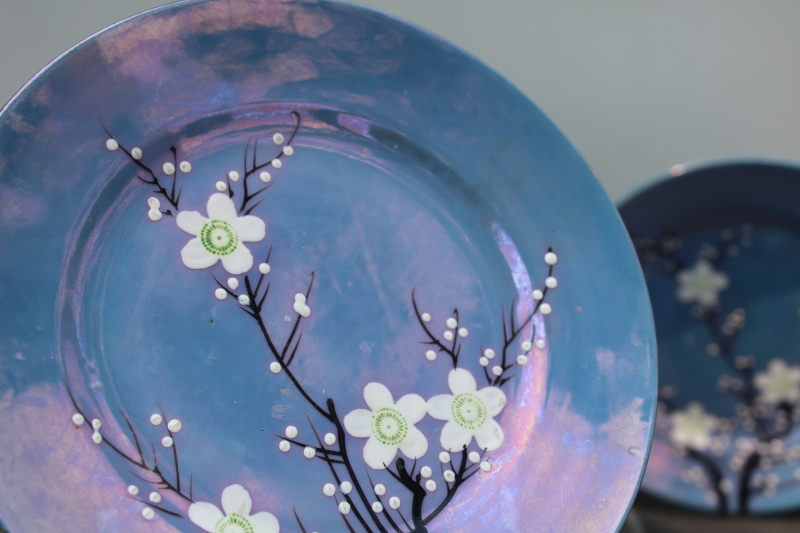 photo of vintage Japan lusterware porcelain plates, hand painted cherry blossom flowering branch blue luster #2