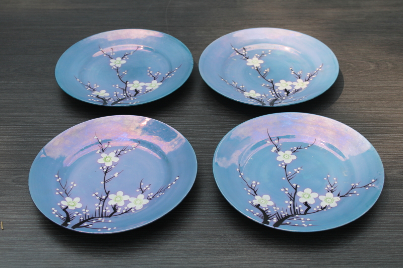 photo of vintage Japan lusterware porcelain plates, hand painted cherry blossom flowering branch blue luster #3