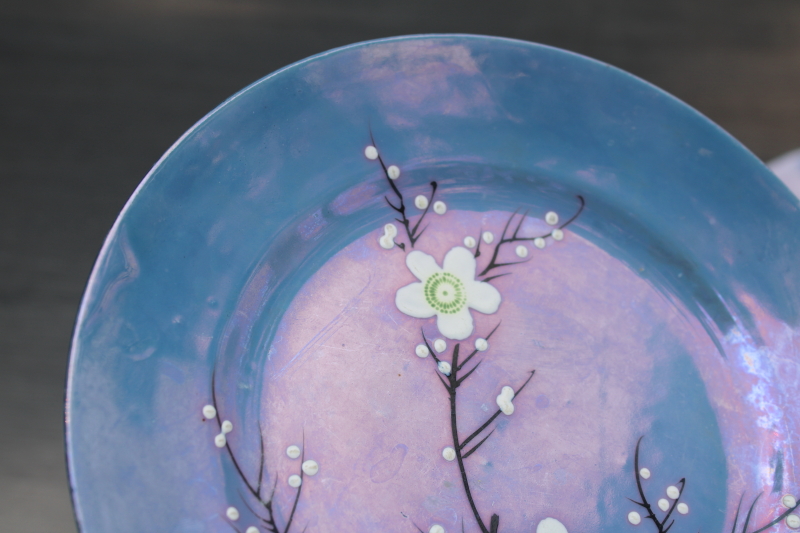 photo of vintage Japan lusterware porcelain plates, hand painted cherry blossom flowering branch blue luster #4