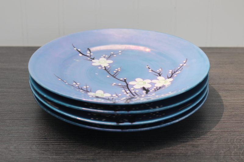 photo of vintage Japan lusterware porcelain plates, hand painted cherry blossom flowering branch blue luster #7